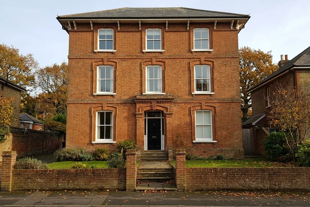 Three-storey Victorian Italianate villa typical of Granville Road, with white sash windows on every floor and a black front door up stone steps
