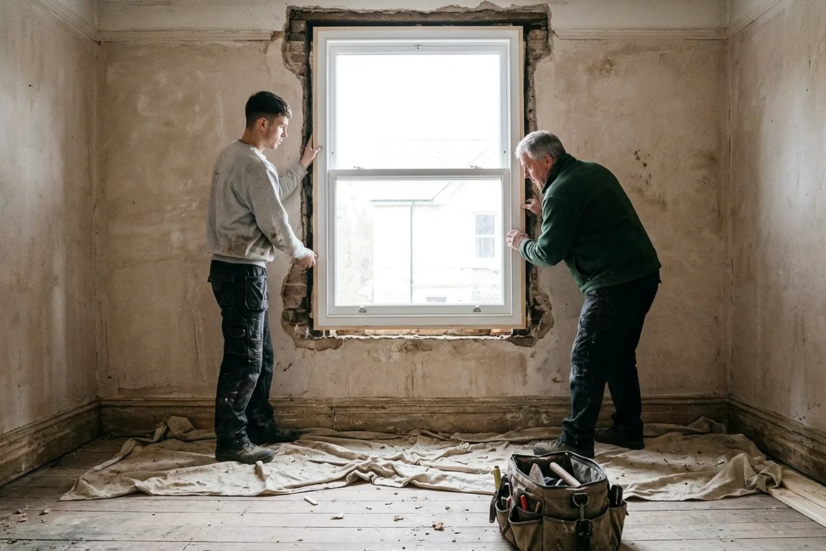 A young installer and an older installer fitting a white one-over-one sash window into a stripped brick opening from inside an empty room, with dust sheets and a tool bag on the floor