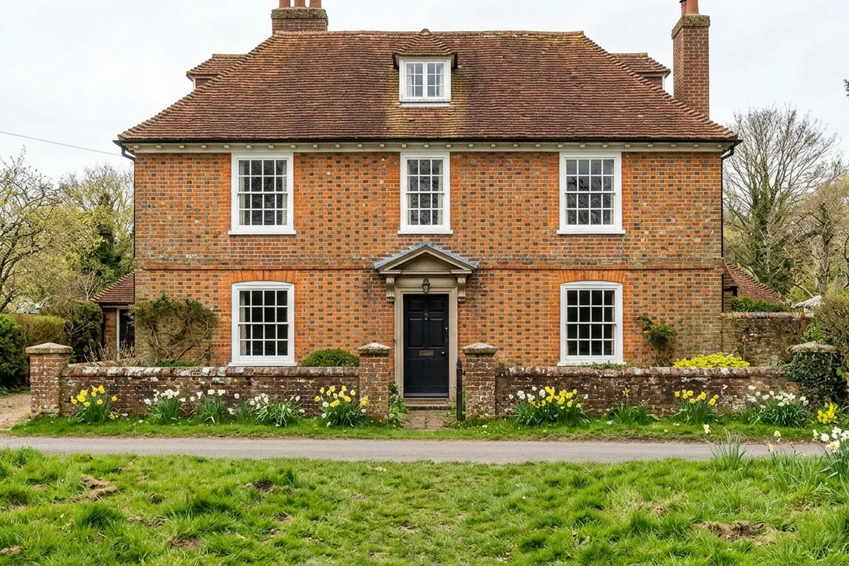 Georgian red brick house of the kind found in Westerham, with white six-over-six sash windows, a pedimented doorcase and daffodils along a low wall