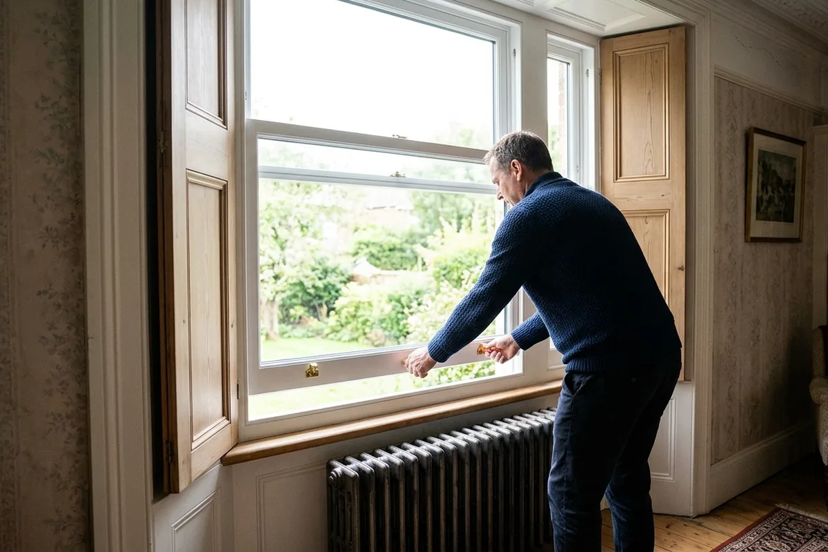 Homeowner in a navy jumper lifting the lower pane of a white sash window from inside a sitting room, with timber shutters folded back and a garden outside